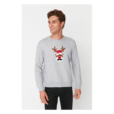 Trendyol Men's Gray Melange Regular Fit Christmas Printed Thick Fleece Sweatshirt