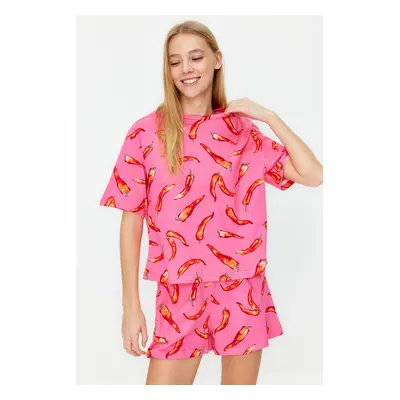 Trendyol Pink 100% Cotton Fun Patterned Knitted Pajama Set