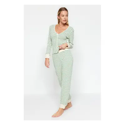 Trendyol Green Striped Cuff and Pile Detailed Tshirt- Jogger Knitted Pajamas Set