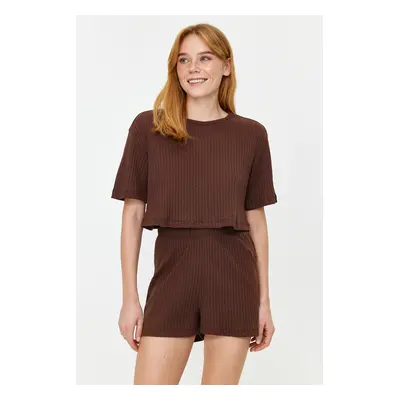 Trendyol Brown Ribbed Knitted Pajama Set