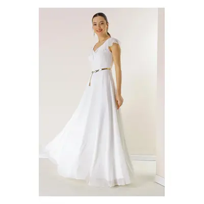 By Saygı Flounced Collar, Belted Waist, Lined Long Chiffon Dress