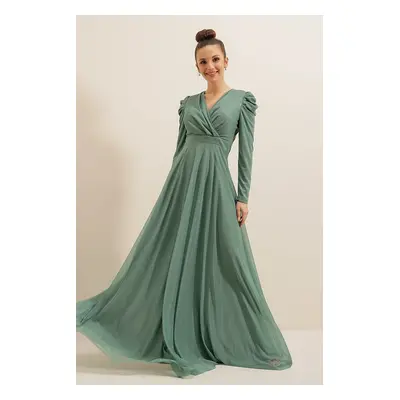 By Saygı Double Breasted Neck Shoulders Pleated Lined Silvery Long Dress Mint