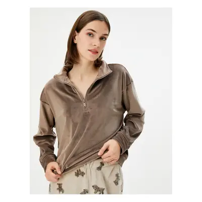 Koton Velvet Pajama Top Half Zipper Polo Neck