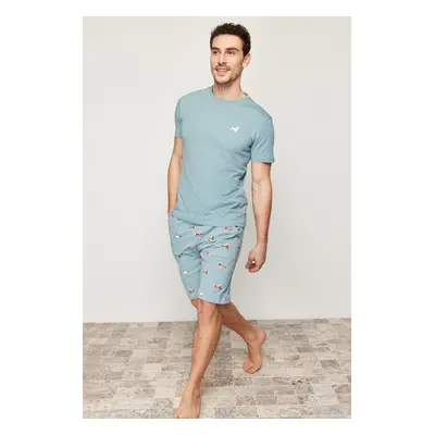 Trendyol Blue Regular Fit Printed Knitted Shorts Summer Pajamas Set