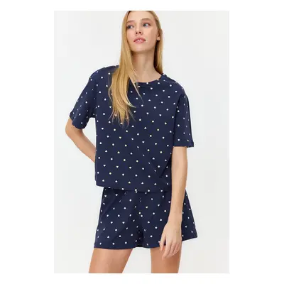 Trendyol Navy Blue 100% Cotton Heart Patterned T-shirt-Shorts Knitted Pajama Set