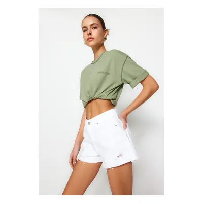 Trendyol White Ripped Detail Denim Shorts