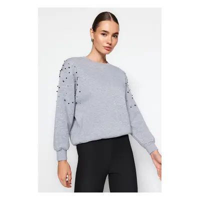 Trendyol Gray Melange Pearl Detailed Regular Fit Low-Sleeve Knitted Sweatshirt with Fleece Insid