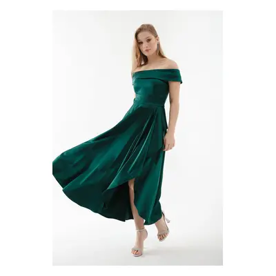 Lafaba Women's Emerald Green Boat Neck Midi Satin Evening Dress