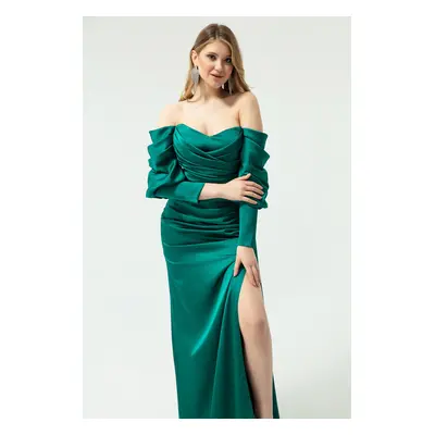 Lafaba Women's Emerald Green Bateau Neck Draped Satin Evening Dress.