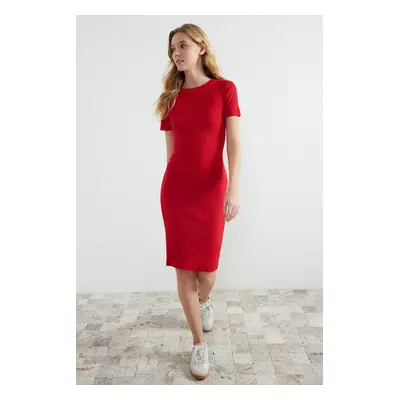 Trendyol Red Crew Neck Ribbed Stretchy Knitted Midi Pencil Dress