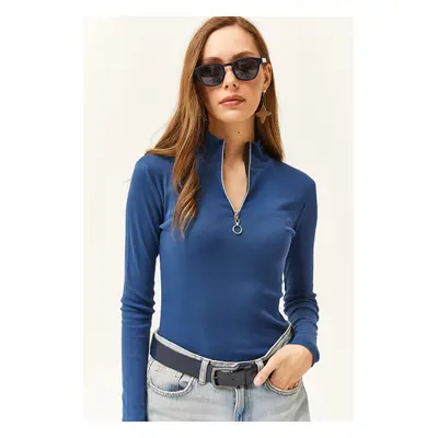 Olalook Women's Indigo Zipper Turtleneck Lycra Blouse