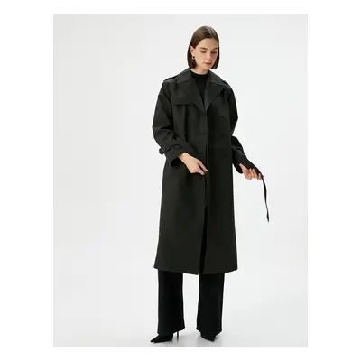 Koton Trench Coat Midi Length Double Breasted Collar Buttoned Pocket Belted