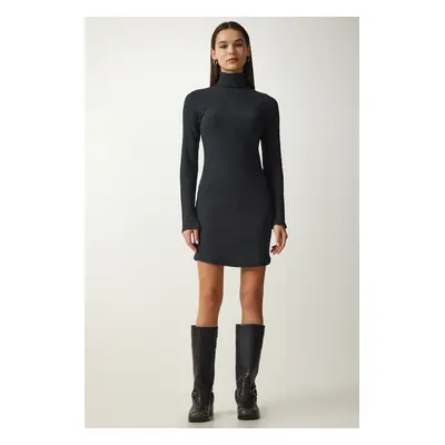 Happiness İstanbul Women's Anthracite Turtleneck Ribbed Knitted Dress