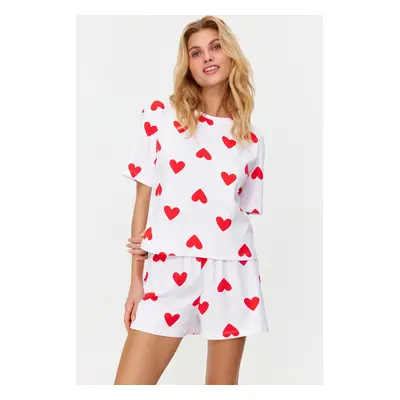 Trendyol White 100% Cotton Heart Knitted Pajama Set