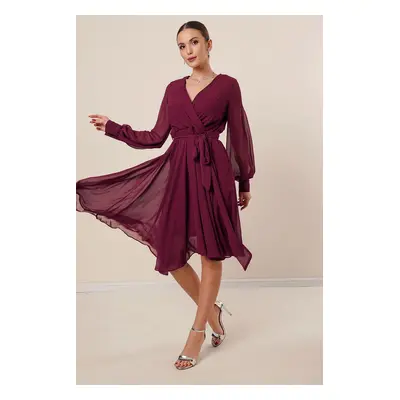 By Saygı Double Breasted Neck Long Sleeve Lined Chiffon Dress