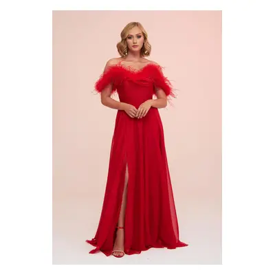 Carmen Red Chiffon Feathered Slit Long Evening Dress