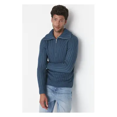 Trendyol Indigo Men's Slim Fit Half Turtleneck Turtleneck Zipper Knitted Detailed Knitwear Sweat