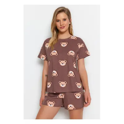 Trendyol Brown 100% Cotton Teddy Bear Shorts Knitted Pajama Set