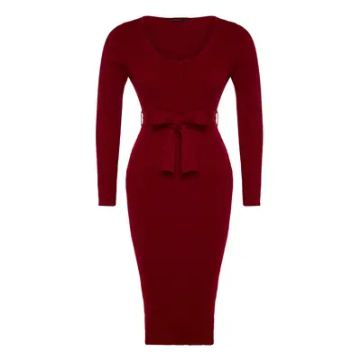 Trendyol Curve Burgundy Waist Tie Detailed Buttoned Knitwear Dress