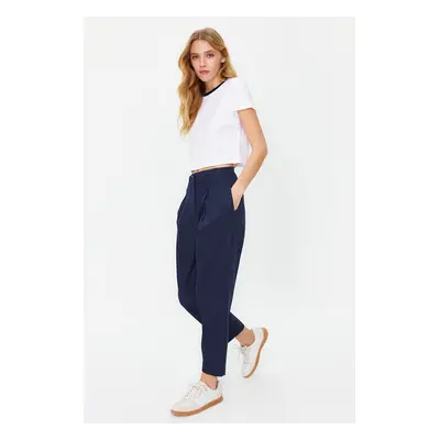 Trendyol Navy Blue Cotton Carrot Pattern Stripe Detailed Woven Trousers