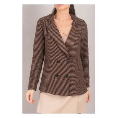 armonika Women's Light Brown Striped Patterned Four Button Cachet Jacket