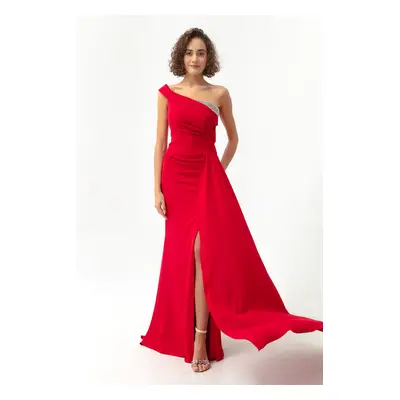 Lafaba Women's Red One-Shoulder Long Evening Dress with Stones.