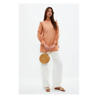 Trendyol Camel Shoulder and Cuff Frilly Woven Cotton Tunic