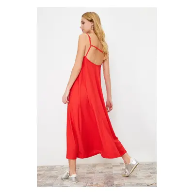 Trendyol Red Adjustable Straps Square Neck A-Line Crepe/Textured Knit Maxi Dress