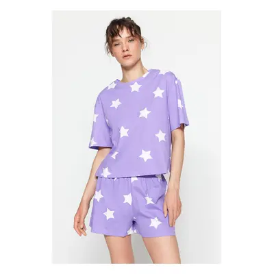 Trendyol Lilac 100% Cotton Star Patterned T-shirt-Shorts Knitted Pajama Set