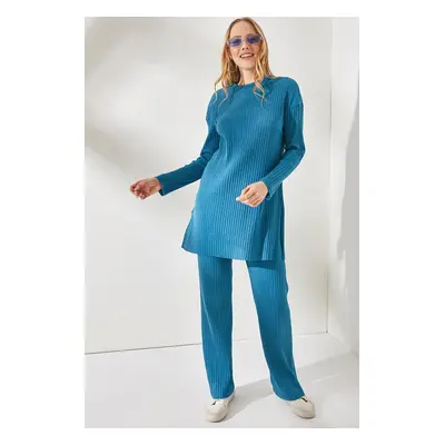 Olalook Women's Indigo Top, Slit Blouse Bottom Palazzo Corduroy Suit