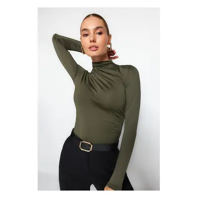 Trendyol Khaki Gathered Detailed High Neck Snap Snap Elastic Knitted Body