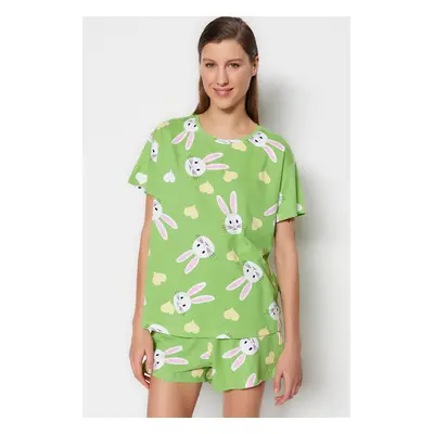 Trendyol Green 100% Cotton Heart Rabbit Patterned T-shirt-Shorts Knitted Pajama Set