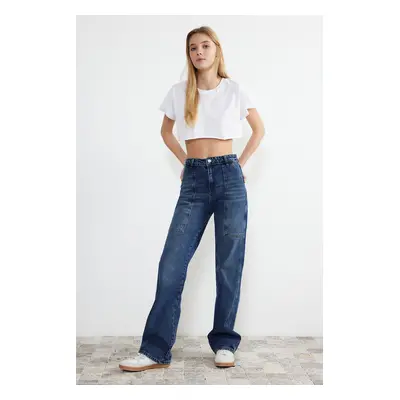 Trendyol Blue Pocket Detailed High Waist Wide Leg Jeans