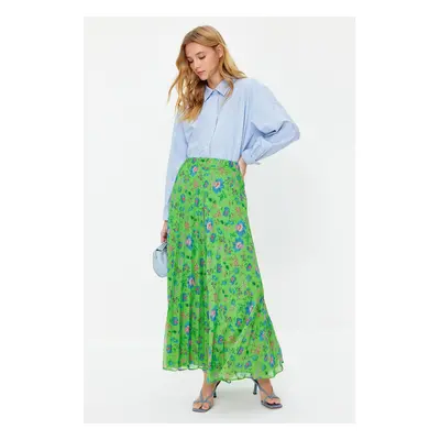 Trendyol Green Pleated Floral Patterned Lined Chiffon Woven Skirt