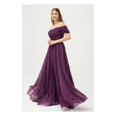 Lafaba Women's Damson Boat Neck Draped Slit Long Silvery Evening Dress