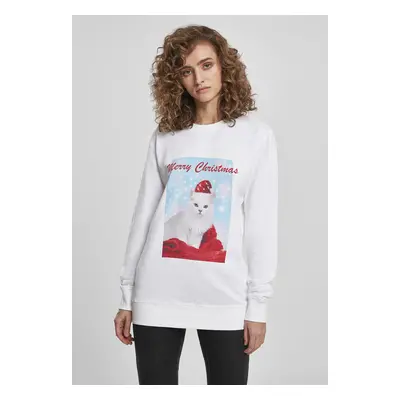 Ladies Merry Christmas Cat Crewneck White