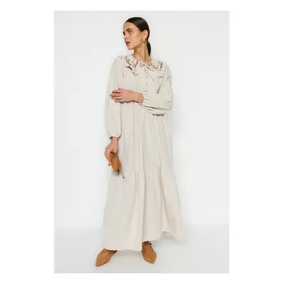 Trendyol Cream Embroidery Detailed Linen Look Woven Dress