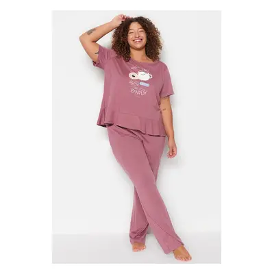 Trendyol Curve Burgundy Printed Short Sleeve Knitted Pajamas Set