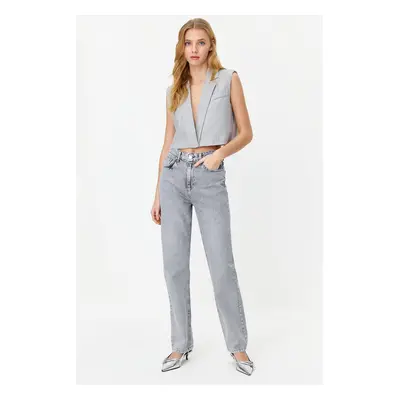 Trendyol Gray High Waist Long Straight Jeans