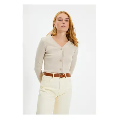 Trendyol Beige Buttoned V Neck Fake Knitwear Knitted Blouse