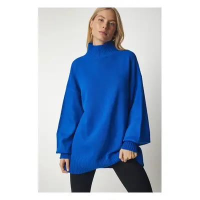 Happiness İstanbul Women's Blue High Neck Oversize Basic Knitwear Sweater