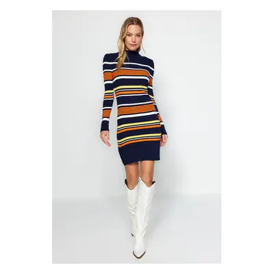 Trendyol Navy Blue Mini Knit Color Block Stand Collar Dress