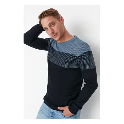 Trendyol Navy Blue Men's Slim Fit Crew Neck Blocky Sweater