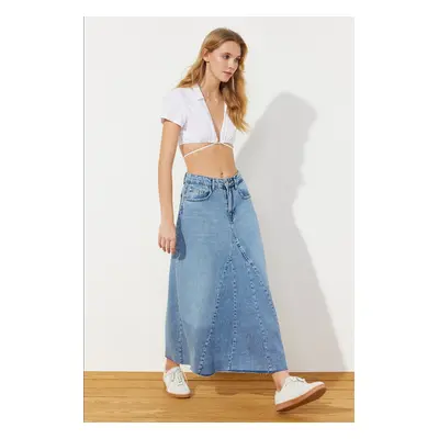 Trendyol Blue Flounce Sewing Detailed High Waist Maxi Denim Skirt