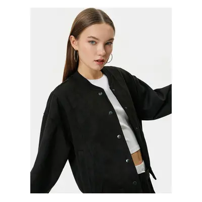 Koton Bomber Jacket Suede Look College Collar Snap Off