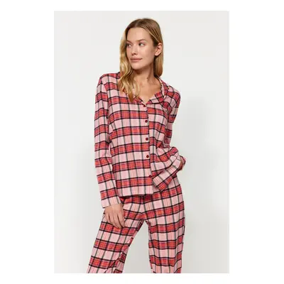 Trendyol Red 100% Cotton Plaid Shirt-Pants Knitted Pajamas Set