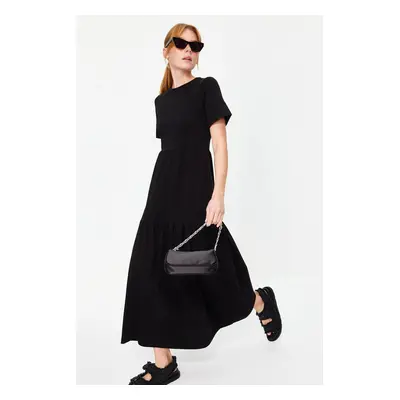 Trendyol Black Gathered Short Sleeve Knitted Maxi Dress