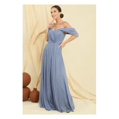 By Saygı Low Sleeve Lined Skirt Pleated Silvery Long Tulle Dress