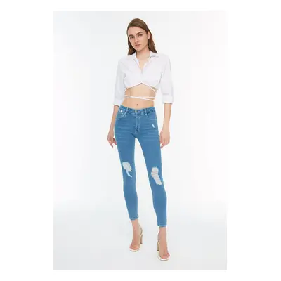 Trendyol Dark Blue Ripped Low Waist Skinny Jeans