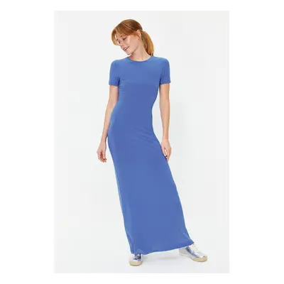 Trendyol Blue Short Sleeve Bodycone/Fitting Crew Neck Stretchy Knitted Maxi Pencil Dress